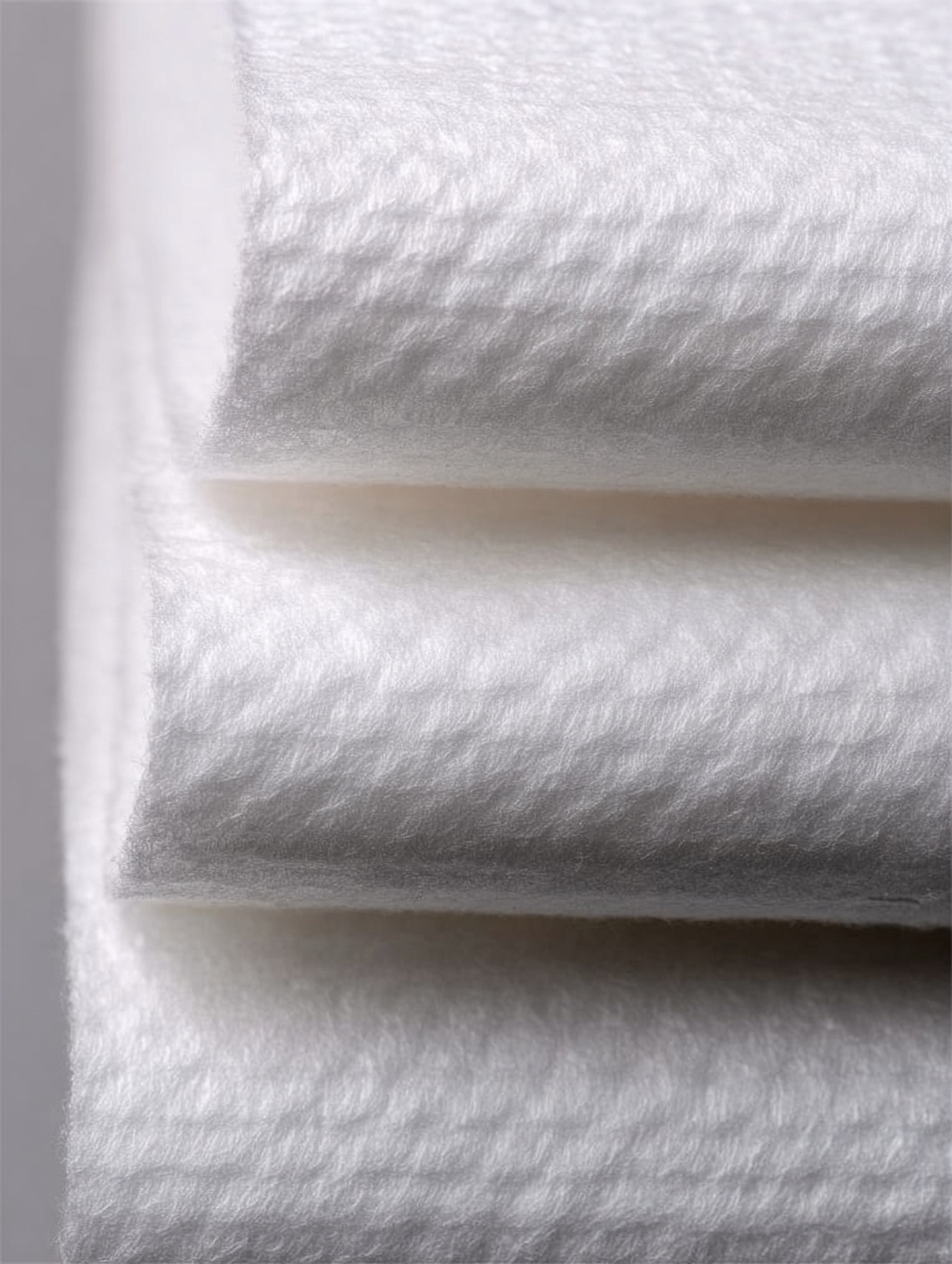 Close-up view of neatly folded white soft textured towels stacked on top of each other.